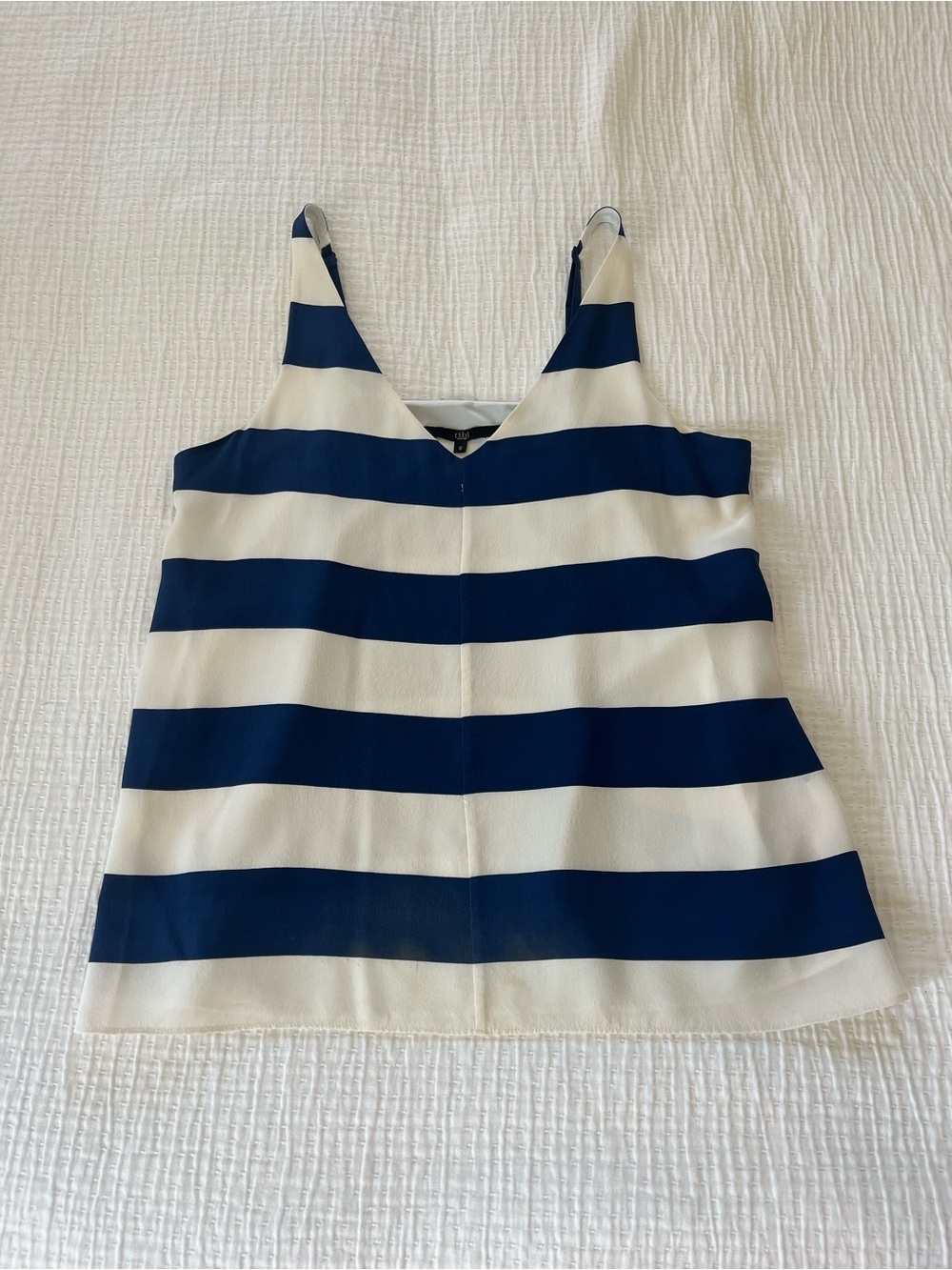 Tibi Navy and White Striped silk V-Neck Tank